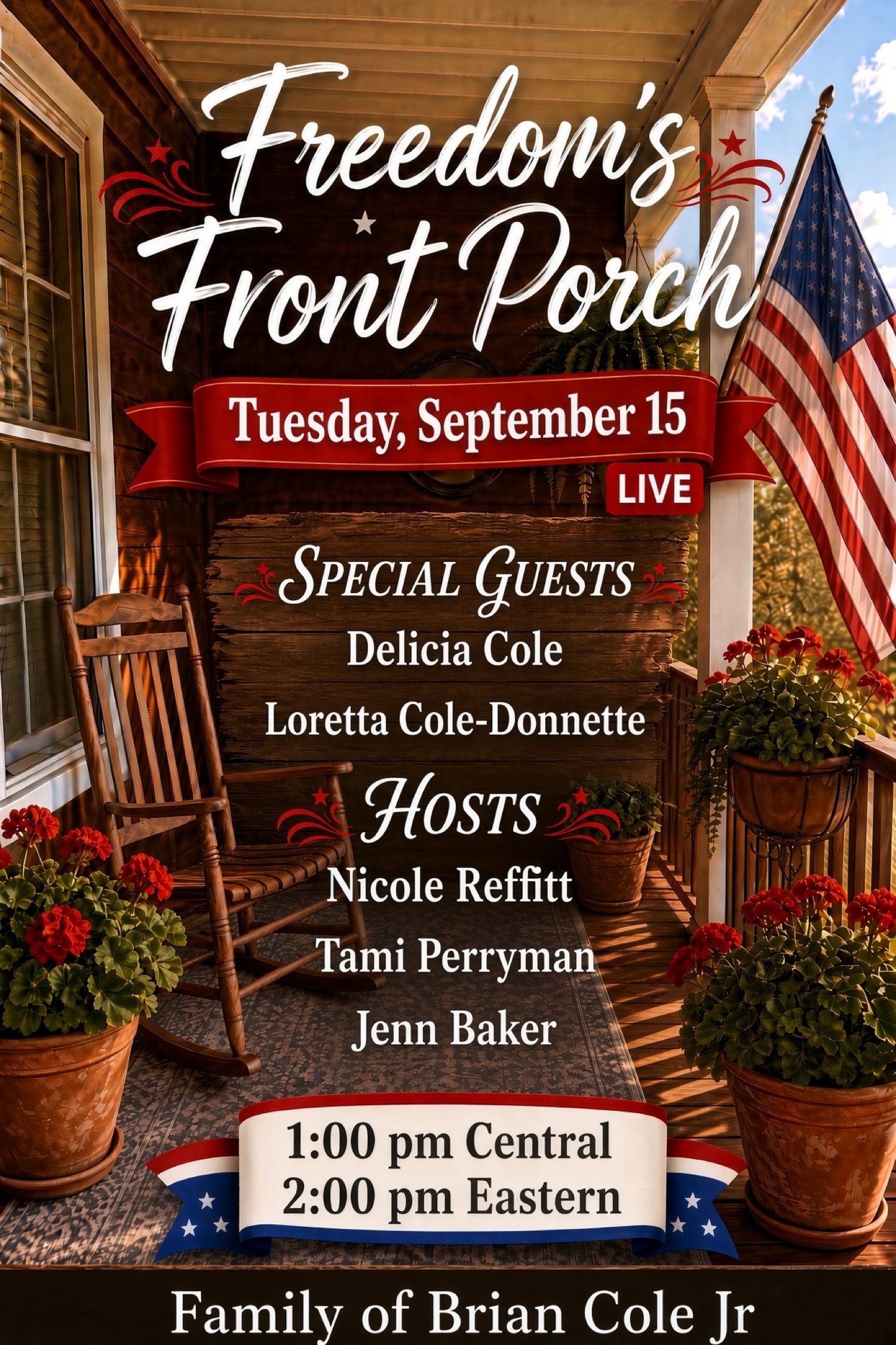 Freedom's Front Porch flyer featuring Delicia Cole and Loretta Cole-Donnette, family of Brian Cole Jr.